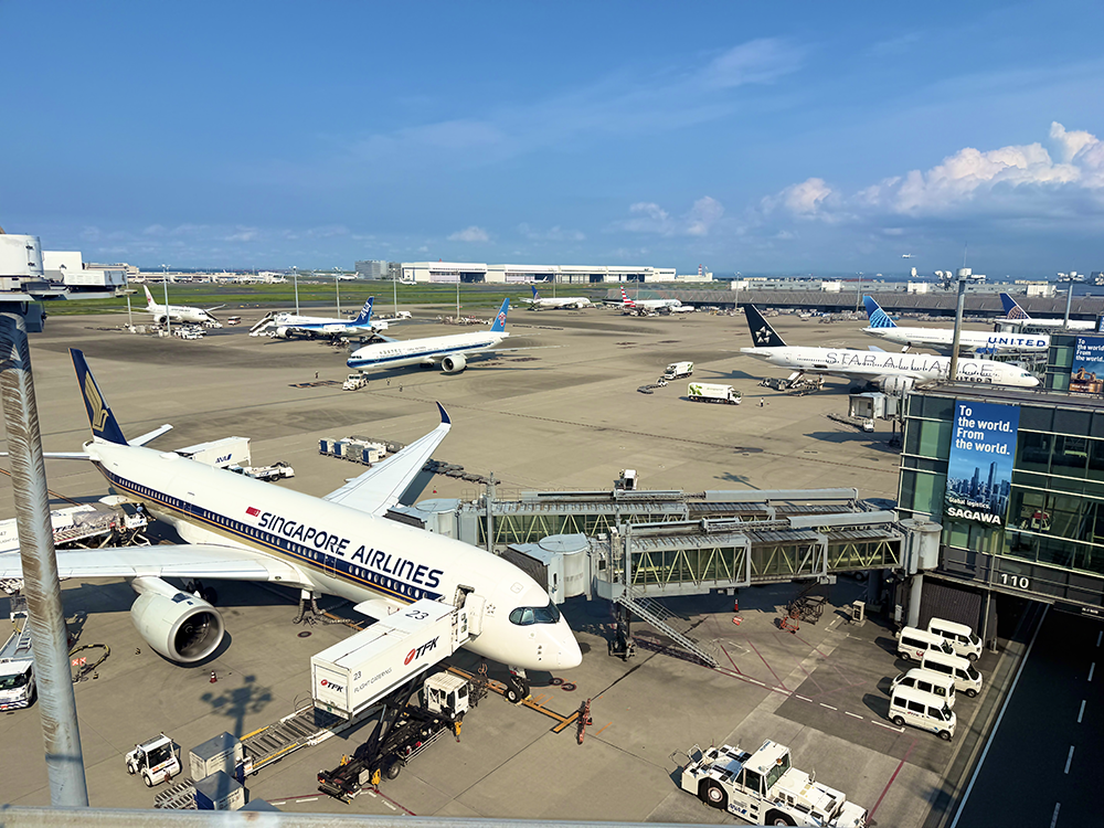5階展望デッキから見渡す、滑走路と駐機している複数の旅客機。