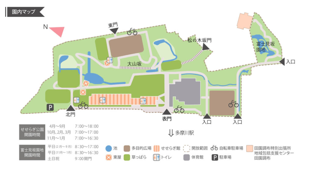 せせらぎ館や多目的広場、池、各大門の位置が分かりやすく描かれた田園調布せせらぎ公園の園内マップ