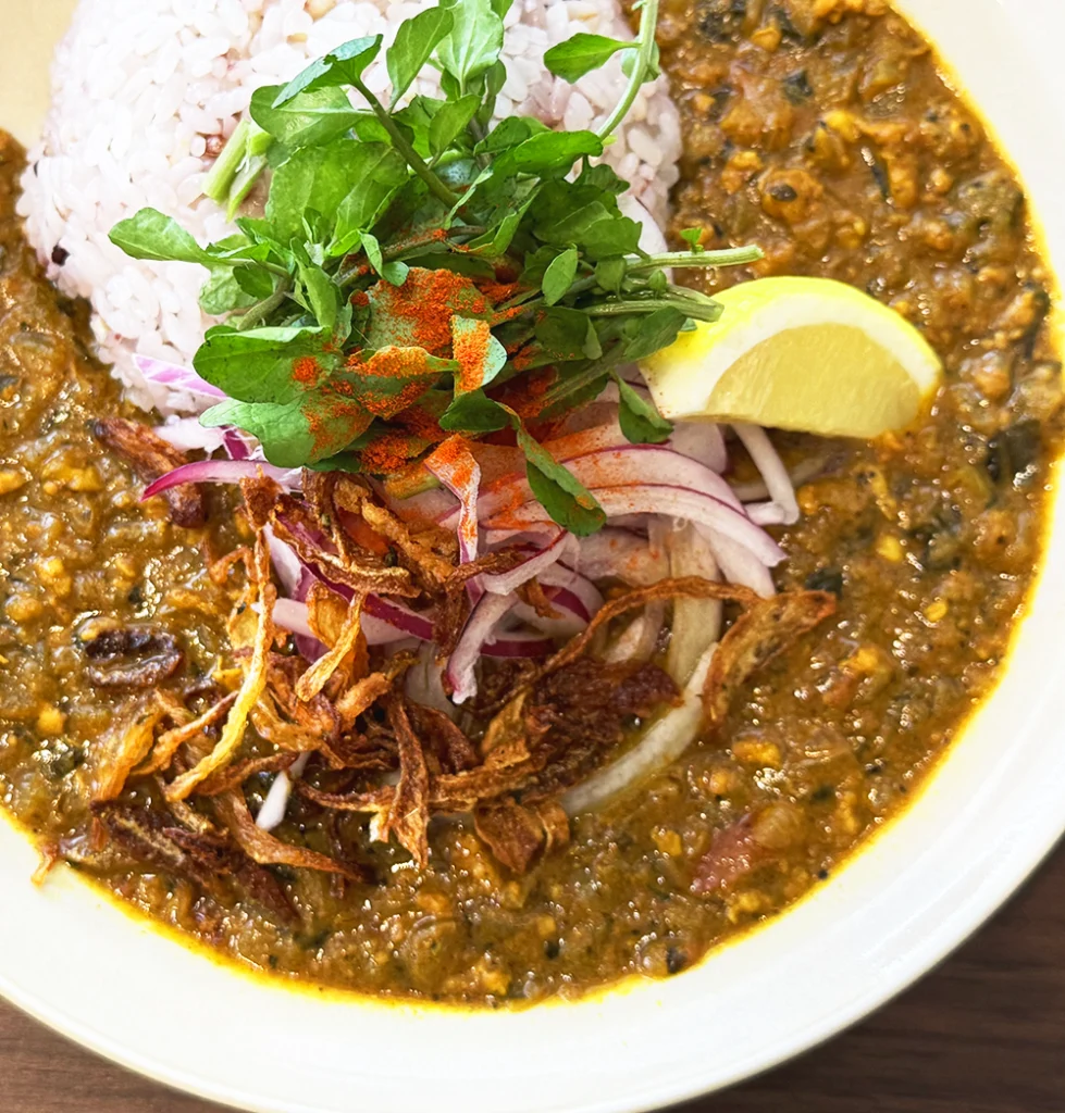 クレソンや紫玉ねぎ、スパイス付きフライドオニオンが美しく盛られたチキンキーマカレーのアップ
